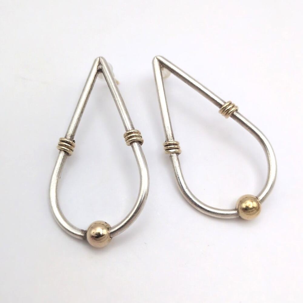VTG Sterling Silver Two Tone Modernist Coil Teardrop Earrings w/14k Gold Posts